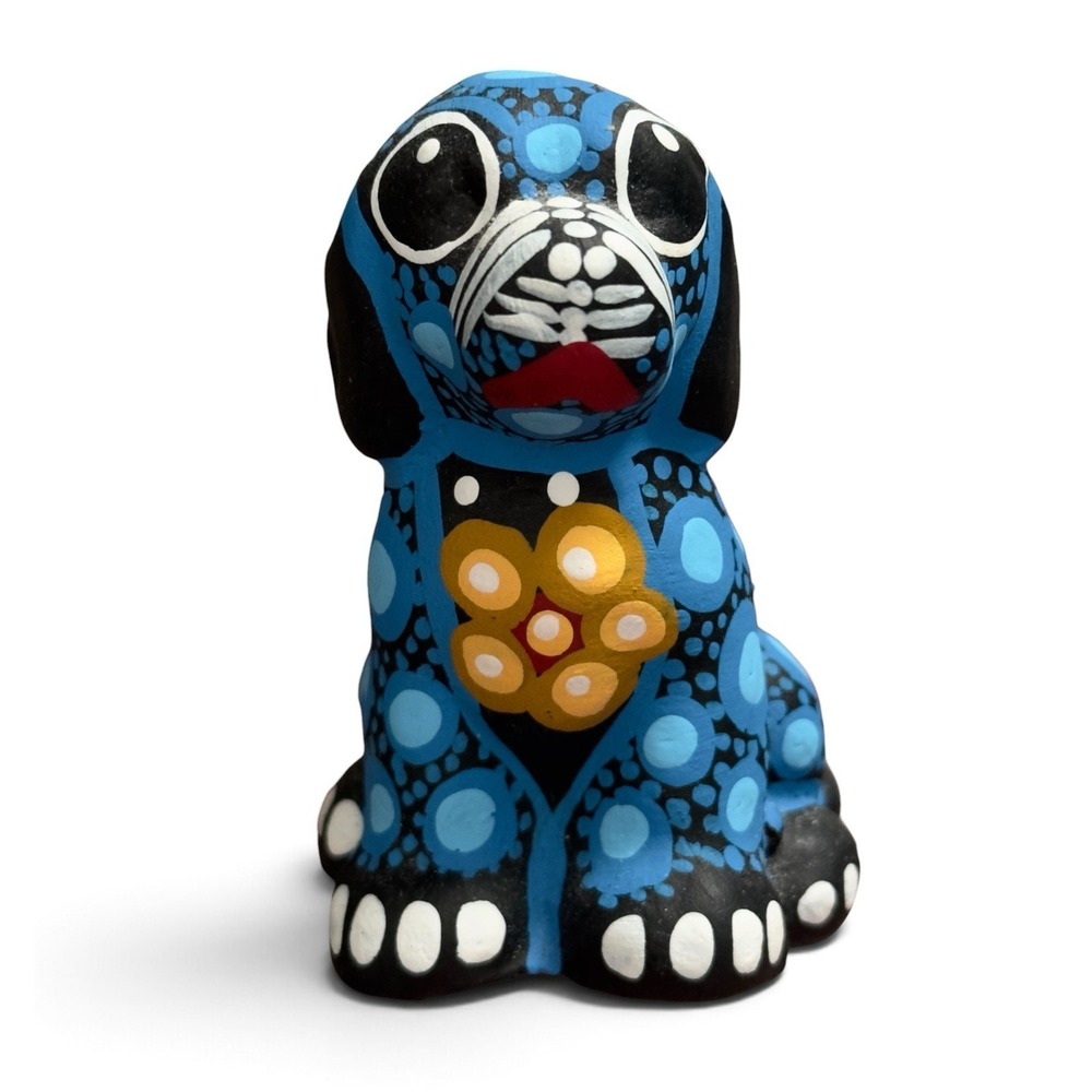 Hand Painted Mexican Clay Dog 2.5" Mini Figurine Blue Floral Alebrije Pottery